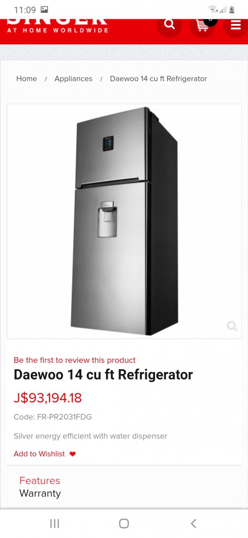 Daewoo 14 Cu Ft Refrigerator With Water Dispenser.