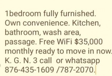 Fully Furnished 1 Bedroom Kitchen Own Onvenience 