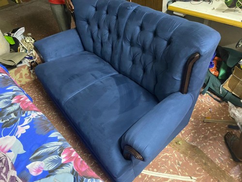 New 2 Piece Couch Set - Blue With Wood Trim