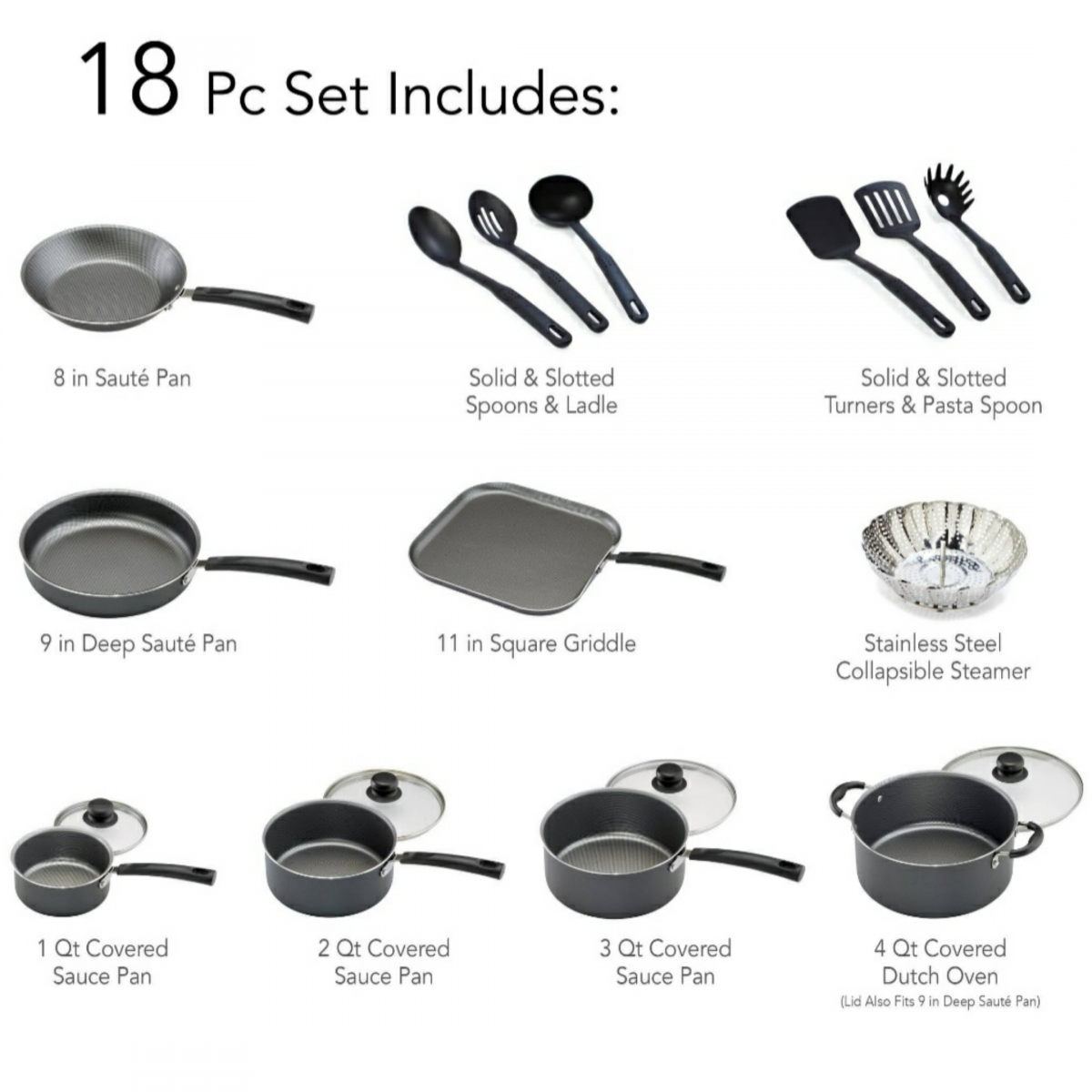 18 Piece Nonstick Cookware Set Saute Pans Sauce Pan with Lids Dutch Oven  Spoons 