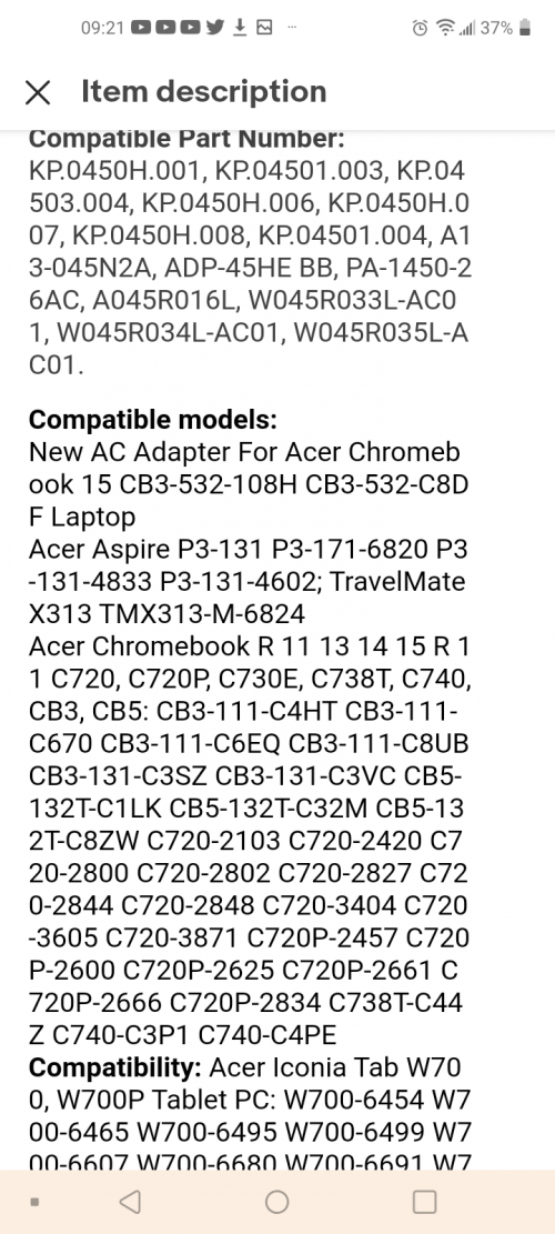 Acer Chromebook 15 CB3-532-108H Charger