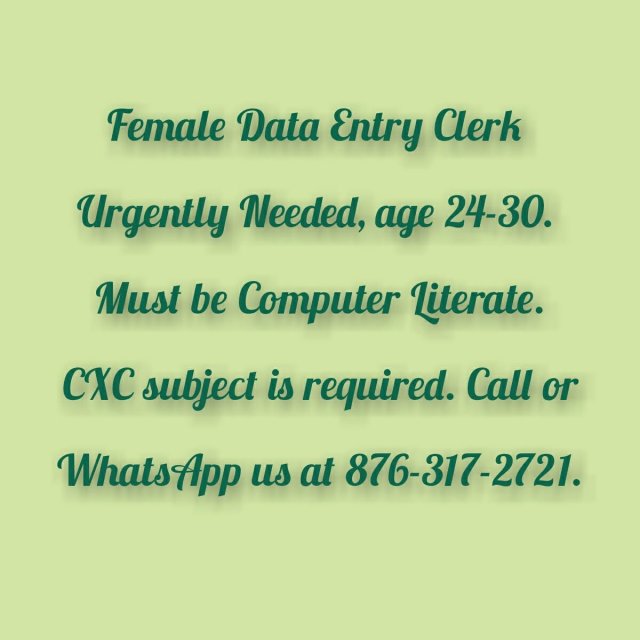 Female Data Entry Clerk Urgently Needed
