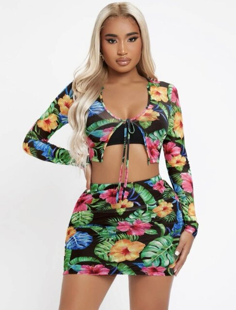 Floral & Tropical Print Tie Front Top & Skirt