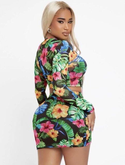 Floral & Tropical Print Tie Front Top & Skirt
