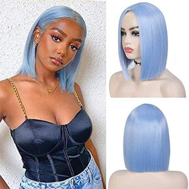 Light Blue Synthetic Straight Hair Bob Cut Wig