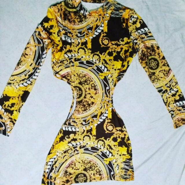 Long Sleeve Gold Pattern Dress