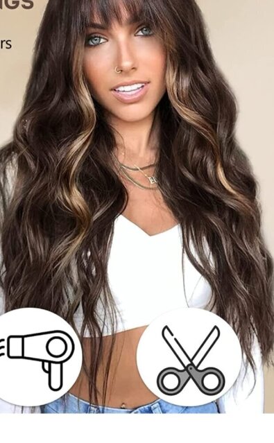 Long Wavy Wig 26 Inch With Bangs Synthetic
