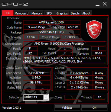 Ryzen 1600 6-Core 3.2 GHz (3.6 GHz Turbo) AM4