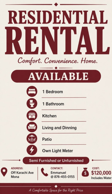 1 Bedroom Unit in Mona, 10 mins to UWI Apartments Mona Kingston 