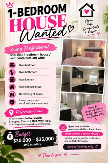 I’m Seeking A 1 Bedroom House Houses St.Andrew