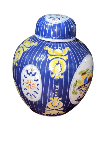 Vase, Circular W/Lid, Hand Painted Decorative Blue