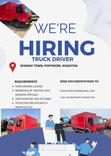DRIVER AND ASSISTANT NEEDED Full Time Jobs SPANISH TOWN, PORTMORE, KINGSTON
