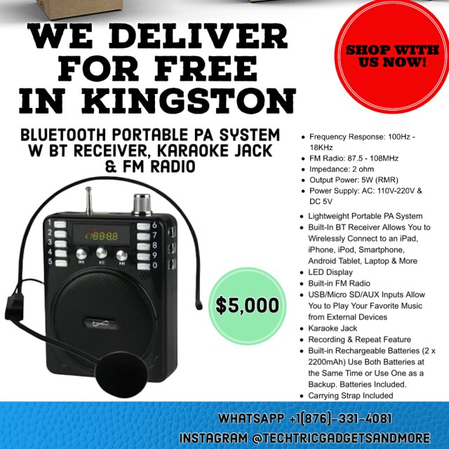 Portable PA System W BT,Karaoke Jack & FM Radio