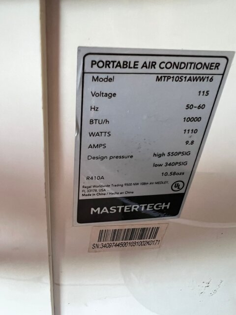 Master Tech 10000 Btu Portable A/c For Sale