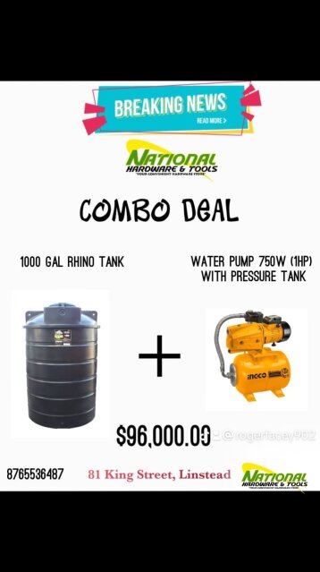 1000 Gal Rhino Tank + 1hp Pump With Pressure Tank