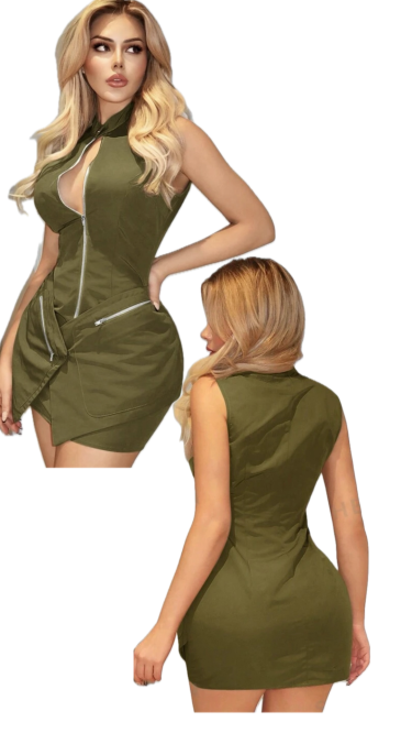 Sexy Overlap Pocket Dress Army Green  