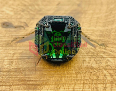 Silver Mens Ring, Green Simulated Emerald Square