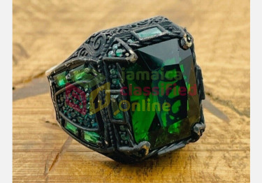 Silver Mens Ring, Green Simulated Emerald Square