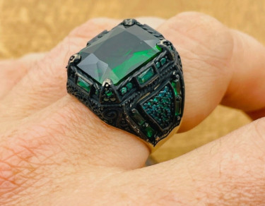 Silver Mens Ring, Green Simulated Emerald Square