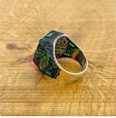 Silver Mens Ring, Green Simulated Emerald Square Rings St. James