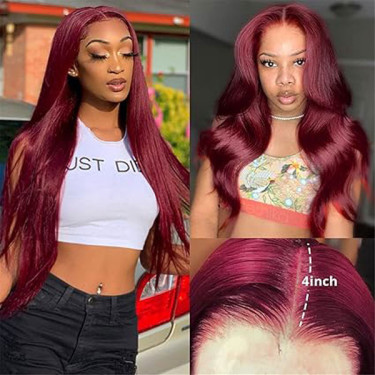 Burgundy 99J 4x4 Closure Wig Straight Lace Wigs Hu