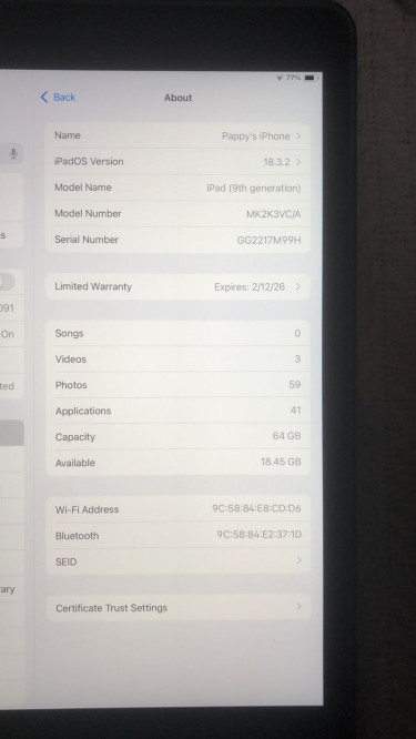 Apple IPad 9th Gen – 64GB (Wi-Fi) – Great Conditio