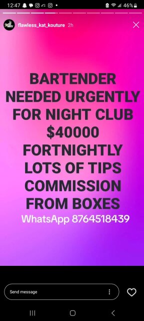 Bartender Needed Fortnightly Payment