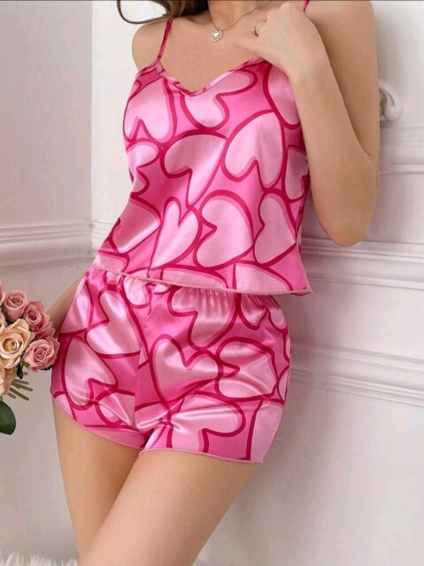 Women's Silk-Like Heart Pattern Pajama Set
