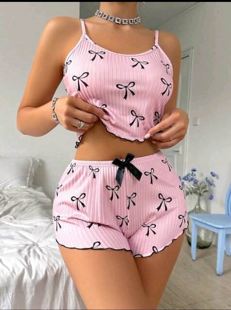 Bow Knot Printed Camisole And Shorts Pajama Set
