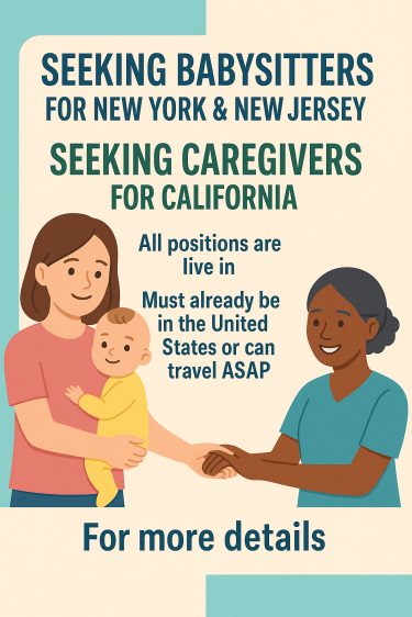 Caregivers And Babysitters Needed In The US  Full Time Jobs New York, California, Michigan, New Jersey 