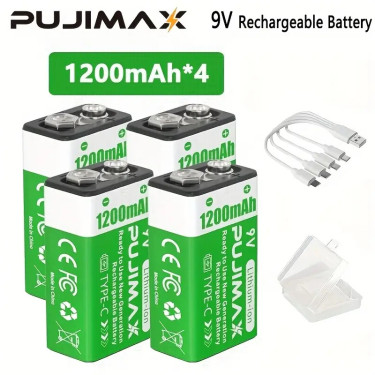9V Rechargeable Lithium Batteries, 1200mAh, 
