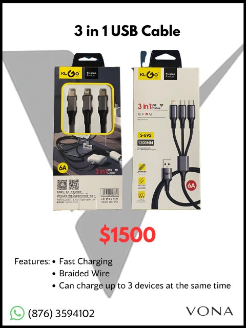 3 In 1 USB Cable Phone Accessories Spanish Town