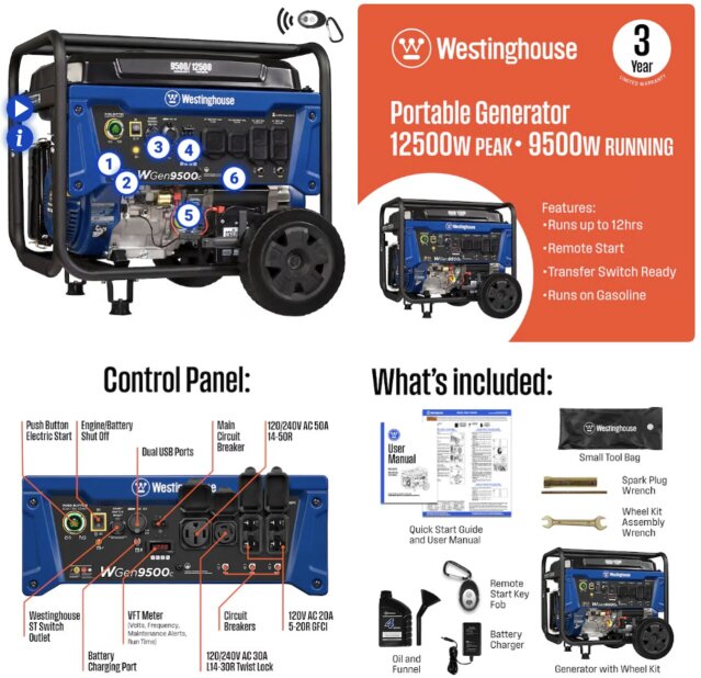 Westinghouse WGen9500c Portable Generator Appliance Parts & Accessories Montego Bay