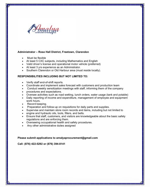 Administrator Full Time Jobs Freetown, Clarendon