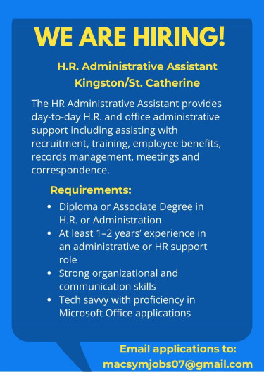 Hiring Now - HR Administrative Assistant Full Time Jobs Kingston