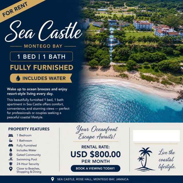SEA CASTLE 1 BEDROOM FOR RENT ..GROUND FLOOR Apartments Montego Bay