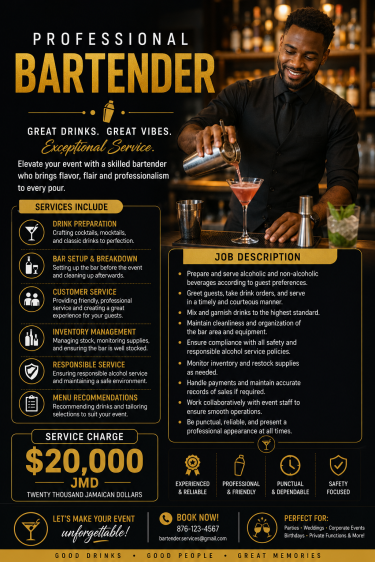 Bartender/ Barporter Service Catering Services Montegobay