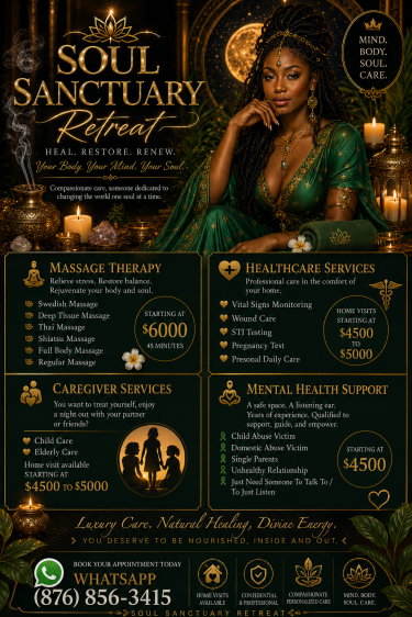 Certified/Experienced Masseuse, Nurse, Phlebotmist Salon & Spa Kingston & St Catherine