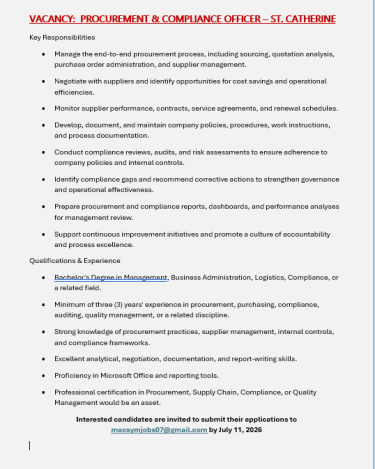 VACANCY - PROCUREMENT & COMPLIANCE OFFICER Full Time Jobs Spanish Town Area