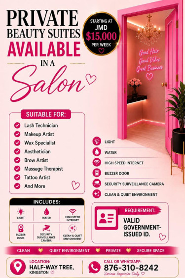 Salon Suit Available  Shops & Booths Halfway Tree