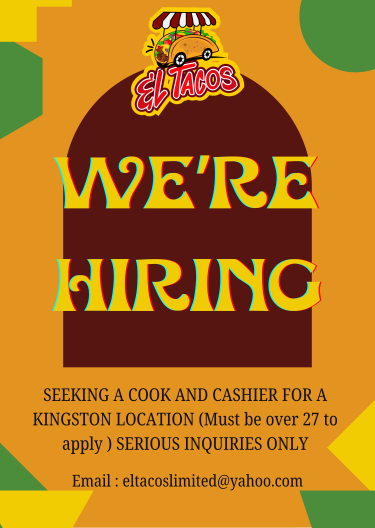 SEEKING A CASHIER & A COOK TO WORK IN A RESTAURANT Full Time Jobs St Catherine