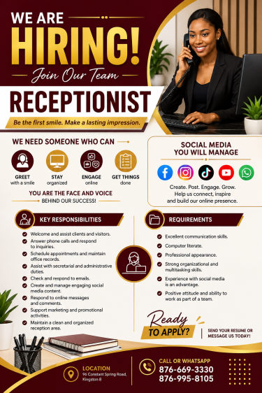 Receptionist  Full Time Jobs 96 Constant Spring Road Kingston 8 