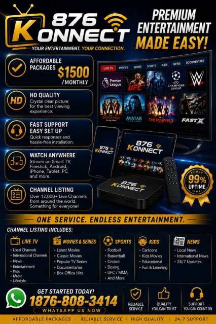 876 KONNECT .Live TV|Movies|Sports J$1,500/Month