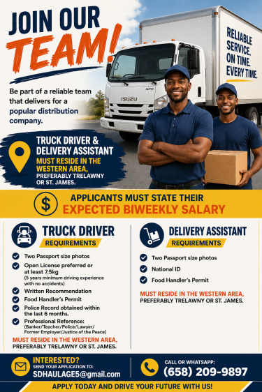 Truck Driver Needed Full Time Jobs Trelawny/St. James 