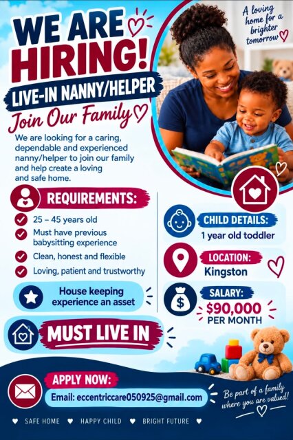 LIVE-IN NANNY HELPER NEEDED IN KINGSTON Full Time Jobs New Kingston