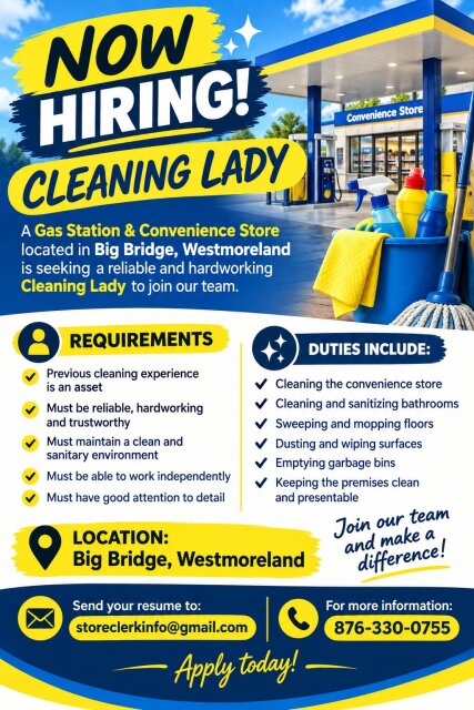 CLEANING LADY NEEDED Full Time Jobs Big Bridge