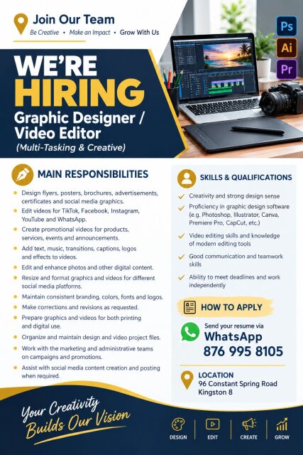 Graphic/ Video Editor Full Time Jobs 96 Constant Spring Road Kingston 8
