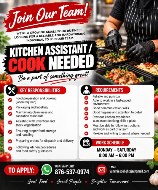 Kitchen Assistant/Cook Needed Full Time Jobs Kingston 19