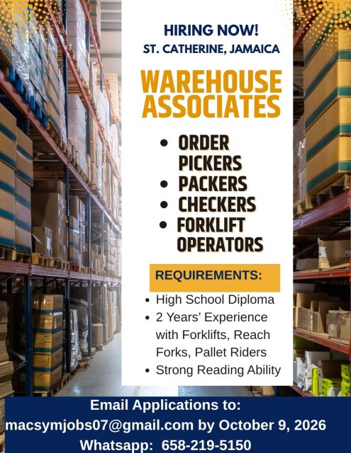 Hiring Now - Warehouse Associates Full Time Jobs Spanish Town Area