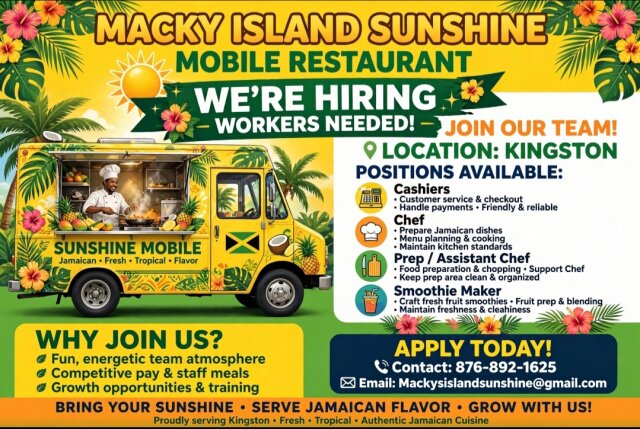 Chefs, Asaistant Chef, Cashier, Smoothie Maker Full Time Jobs Kingston
